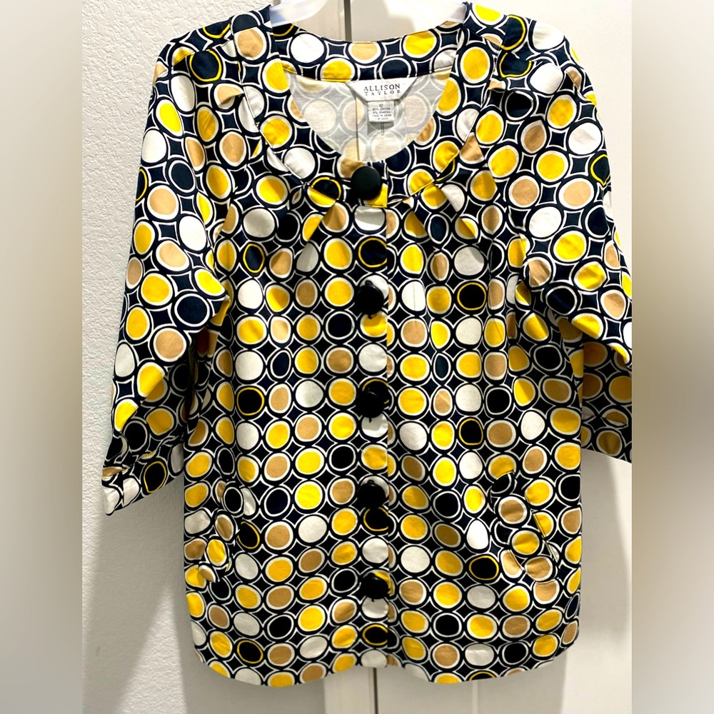 Allison Taylor Black Yellow White Dots Button 3/4 Sleeve Cotton Jacket Shirt 12